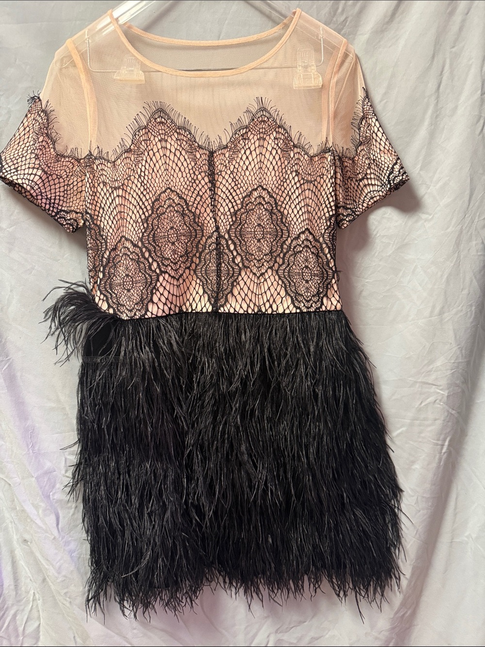 Sugarlips Nude Sheer Lace Top with Black Feather Mini Skirt